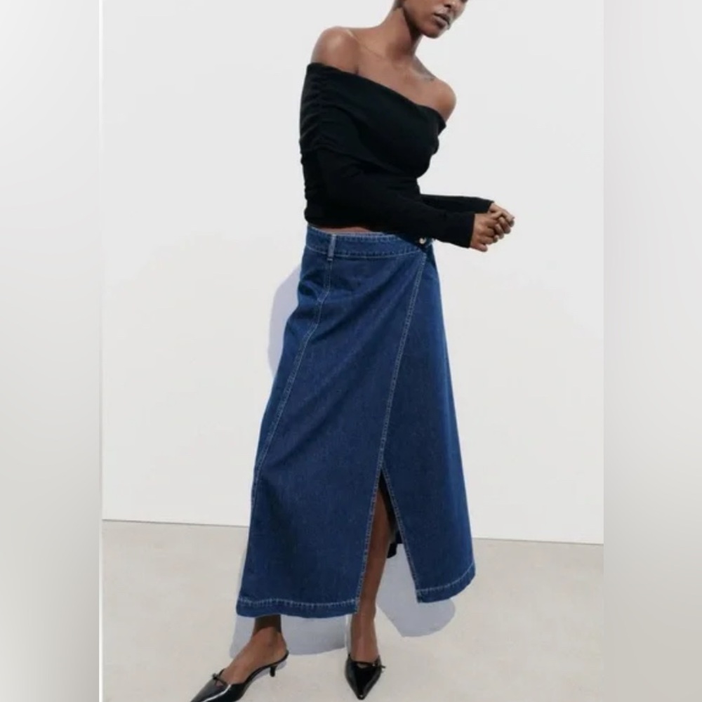 Zara Denim Blue Wrap Midi Skirt